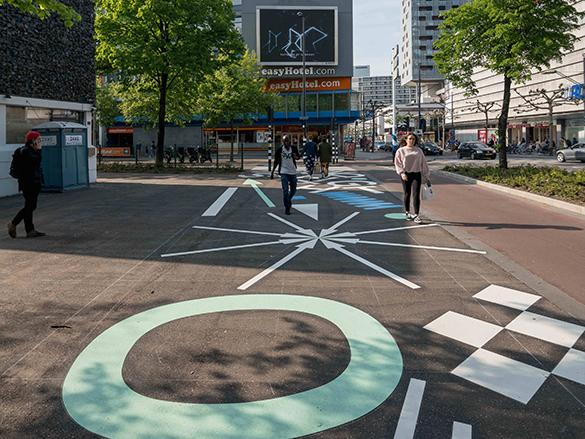 Decorative pedestrian walkways on public areas with creative marking