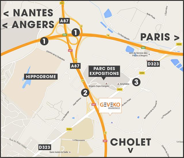 Plan d'accès à Geveko Markings SAS (France) à Verrières-en-Anjou près d'Angers